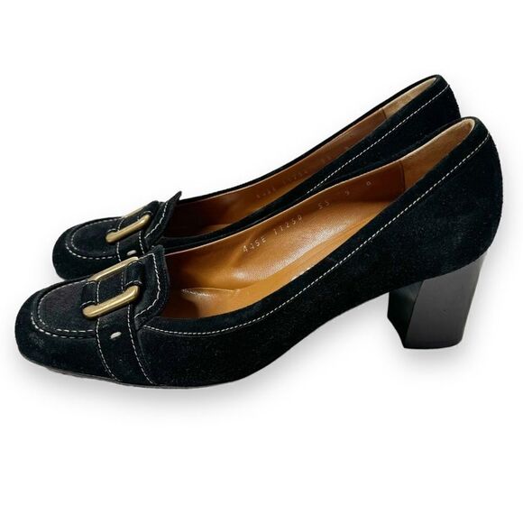 Salvatore Ferragamo Black Suede Square Toe Gold Logo Metal Block Heel Shoes, 9B - Picture 1 of 9